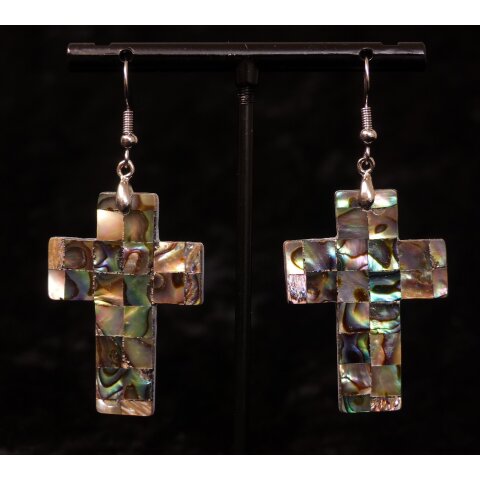 1 Paar Ohrhänger Perlmutt echte Abalone Kreuz 4 cm = Code B